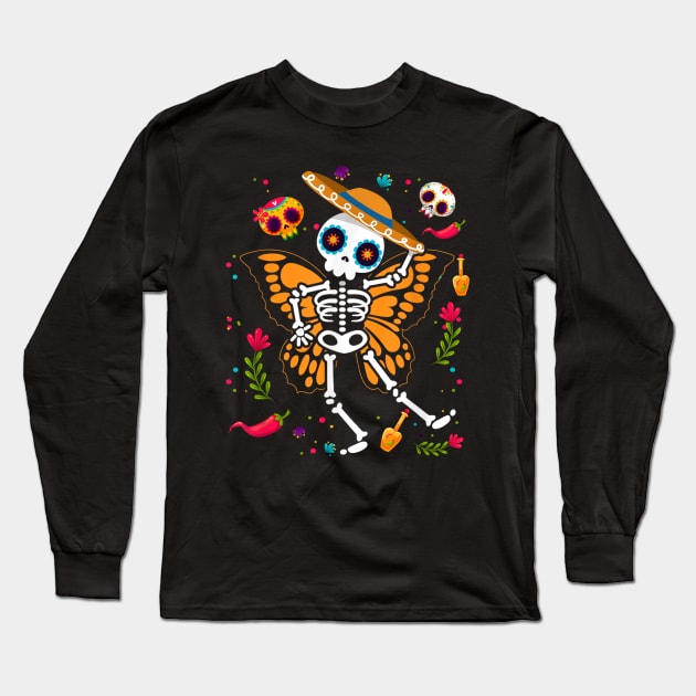 Day of the Dead Sugar Skull Skeleton Monarch Butterfly Long Sleeve T-Shirt by irelandefelder